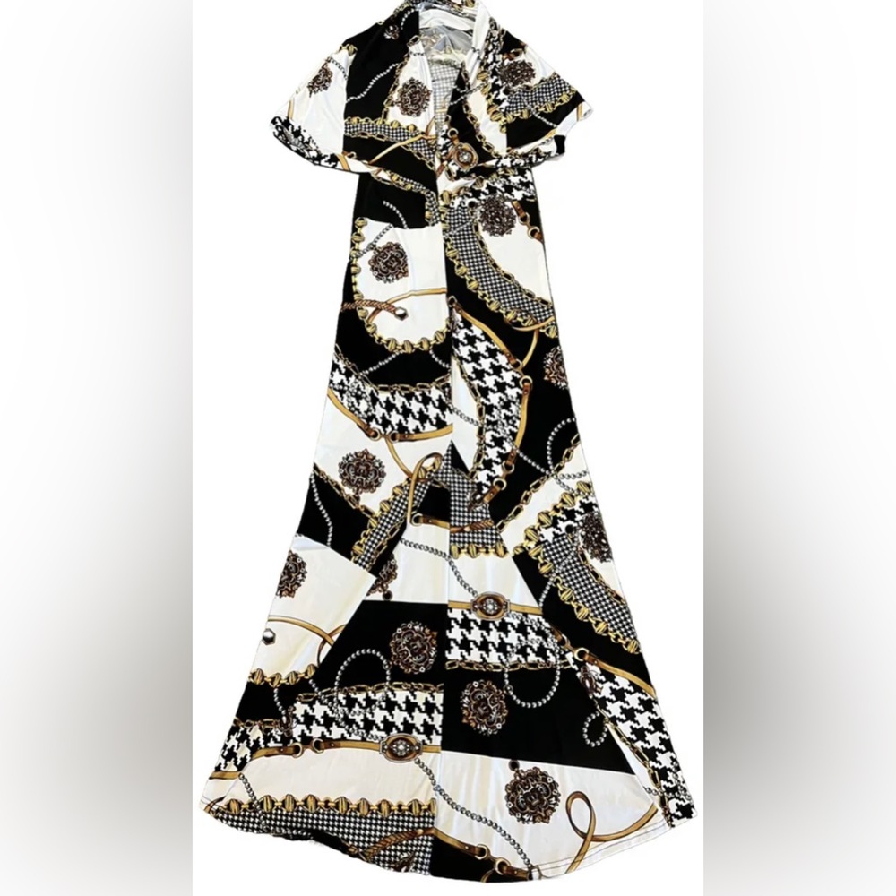 Chain Pearls Leopard Print Batwing Sleeve Maxi Dress Size M LILIA